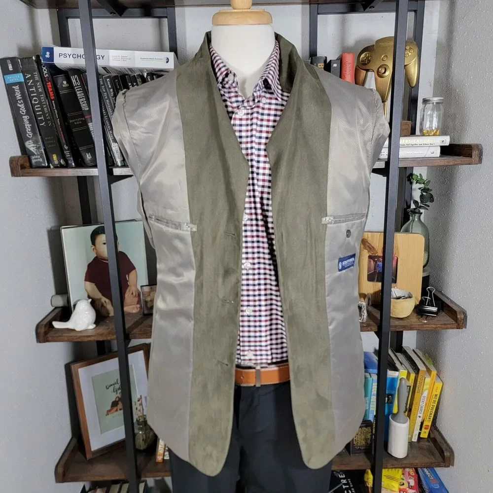 Stafford‎ Essentials Men's Sport Coat Three Button Olive Herringbone Poly Sz 40R
